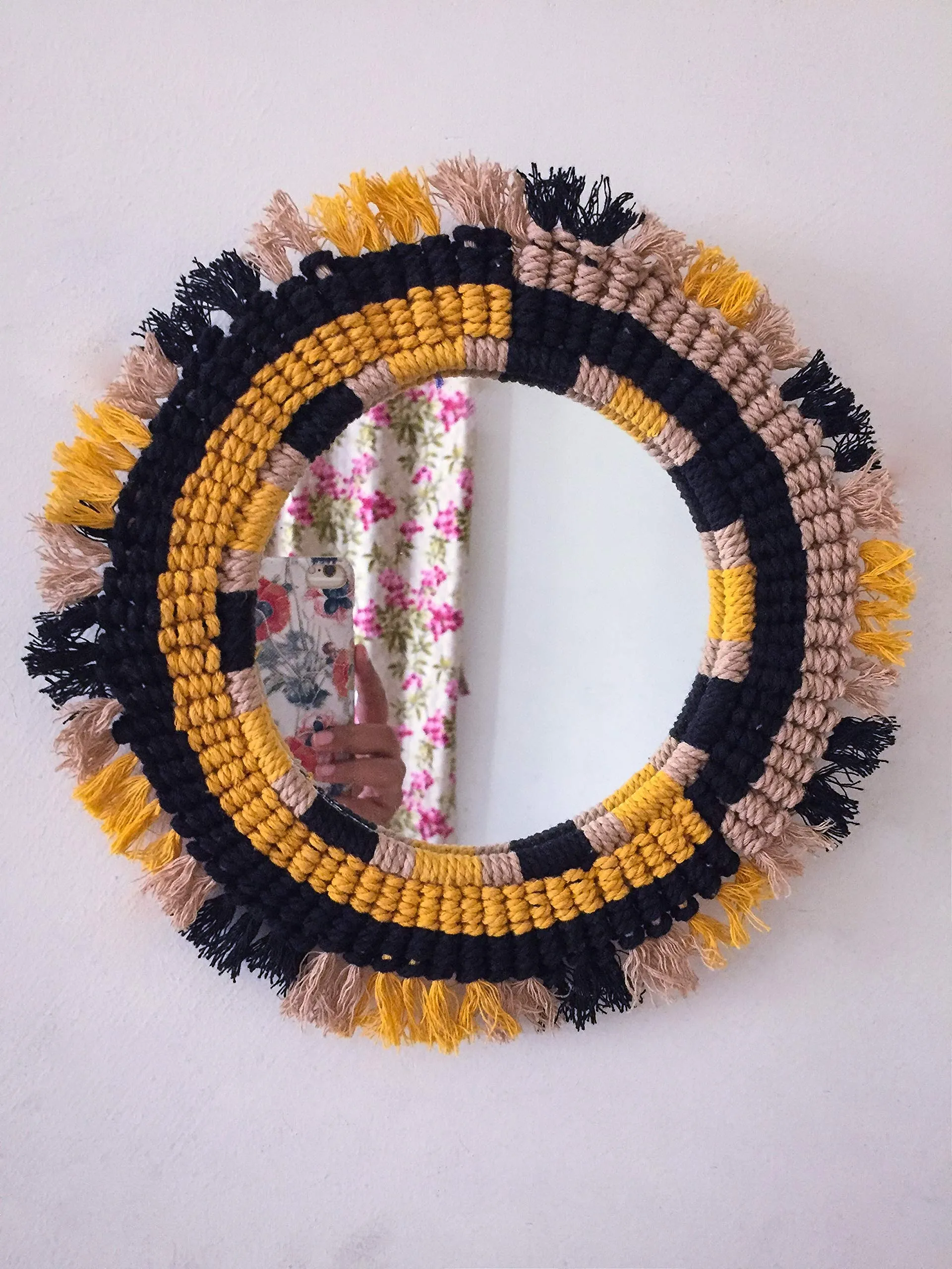 Hasta Kaushal Macrame Cotton Wall Mirror (Yellow Black and Beige, Small)