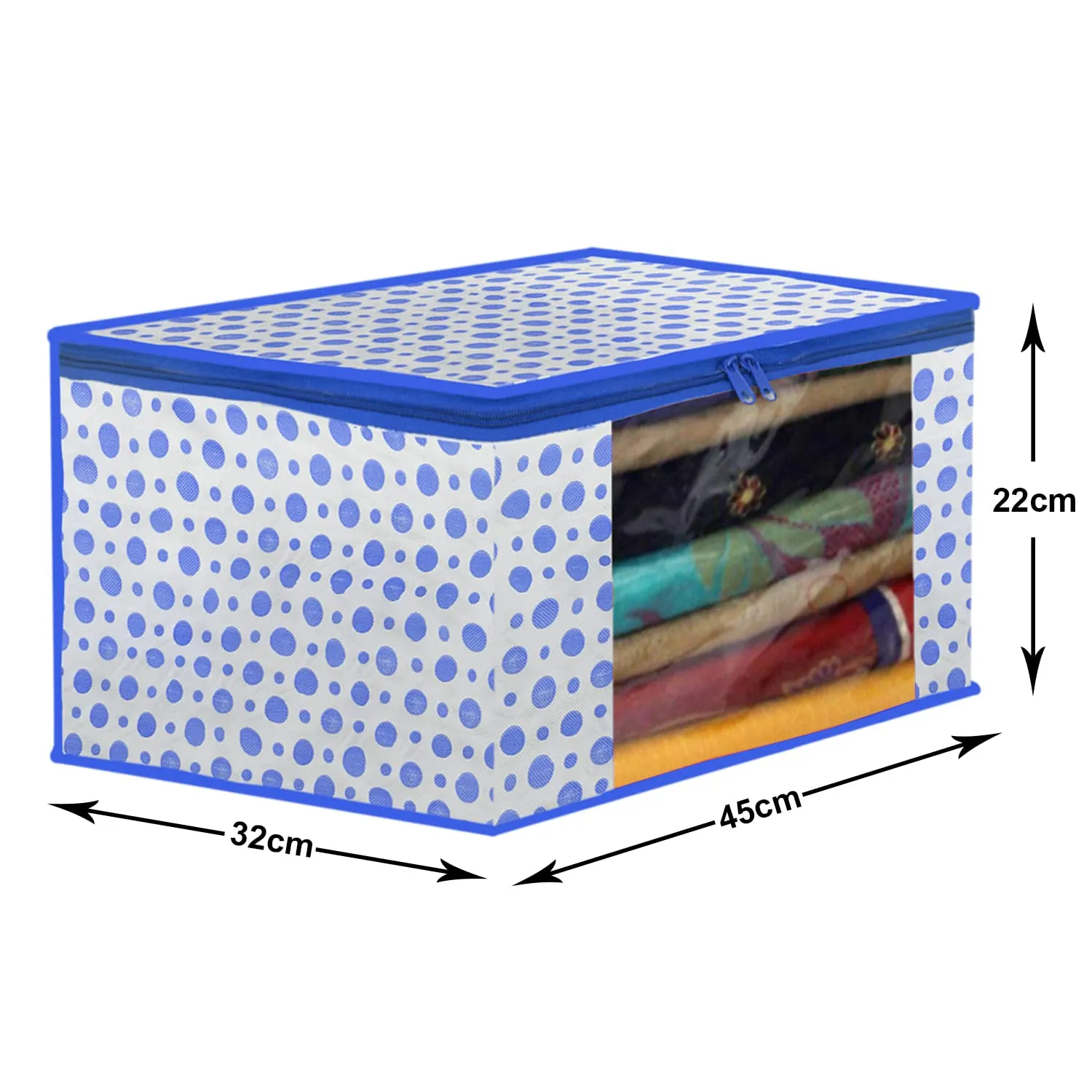 Heart Home Dot Printed Foldable, Lightweight Non-Woven Saree Cover/Organizer With Tranasparent Window- Pack of 12 (Blue)-46HH0503