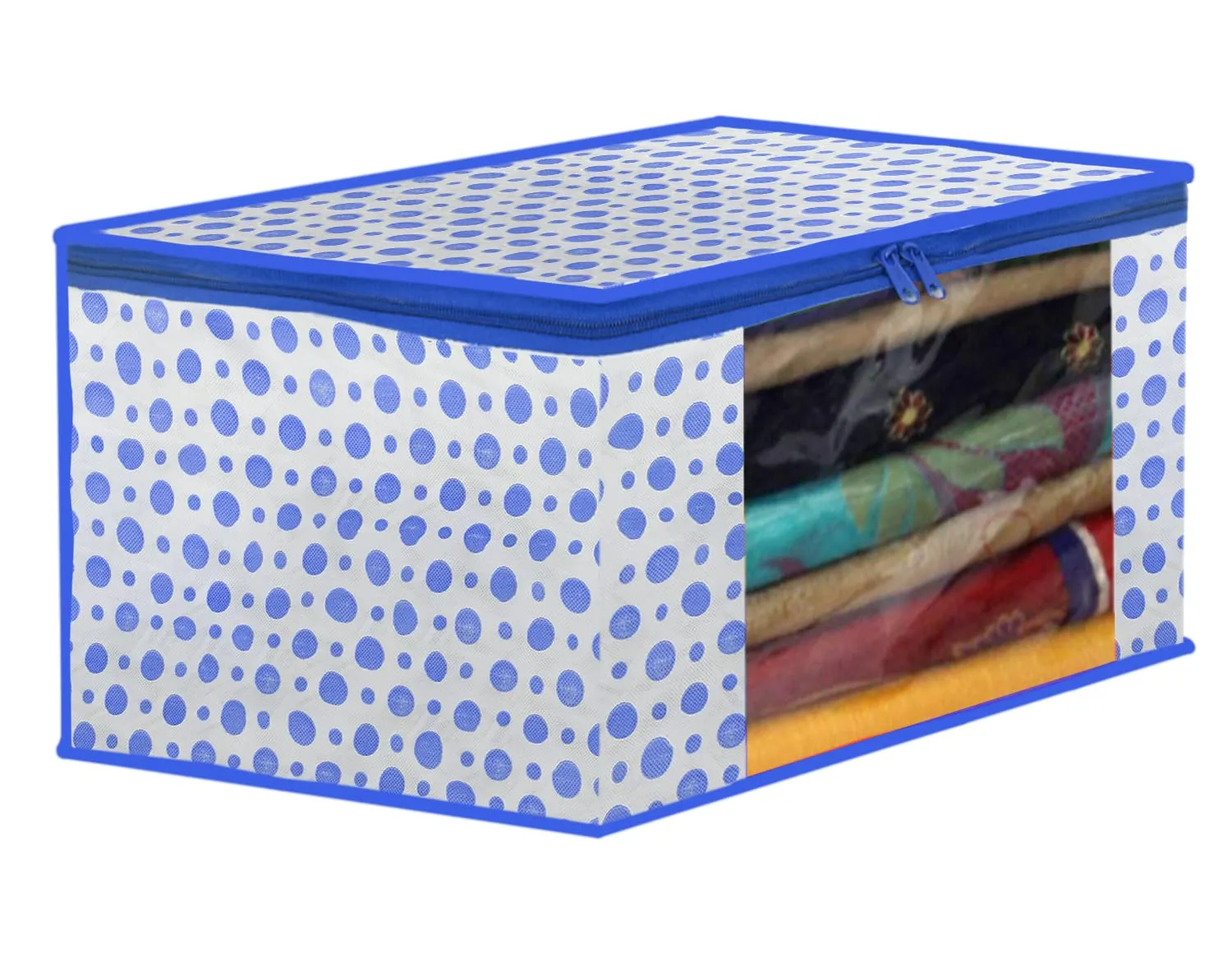 Heart Home Dot Printed Foldable, Lightweight Non-Woven Saree Cover/Organizer With Tranasparent Window- Pack of 12 (Blue)-46HH0503