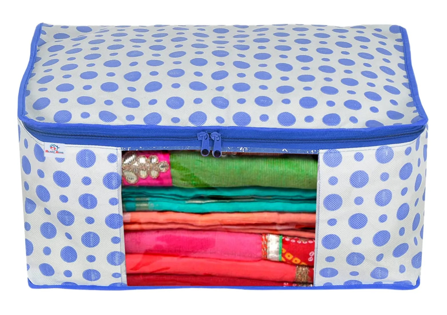 Heart Home Dot Printed Foldable, Lightweight Non-Woven Saree Cover/Organizer With Tranasparent Window- Pack of 12 (Blue)-46HH0503