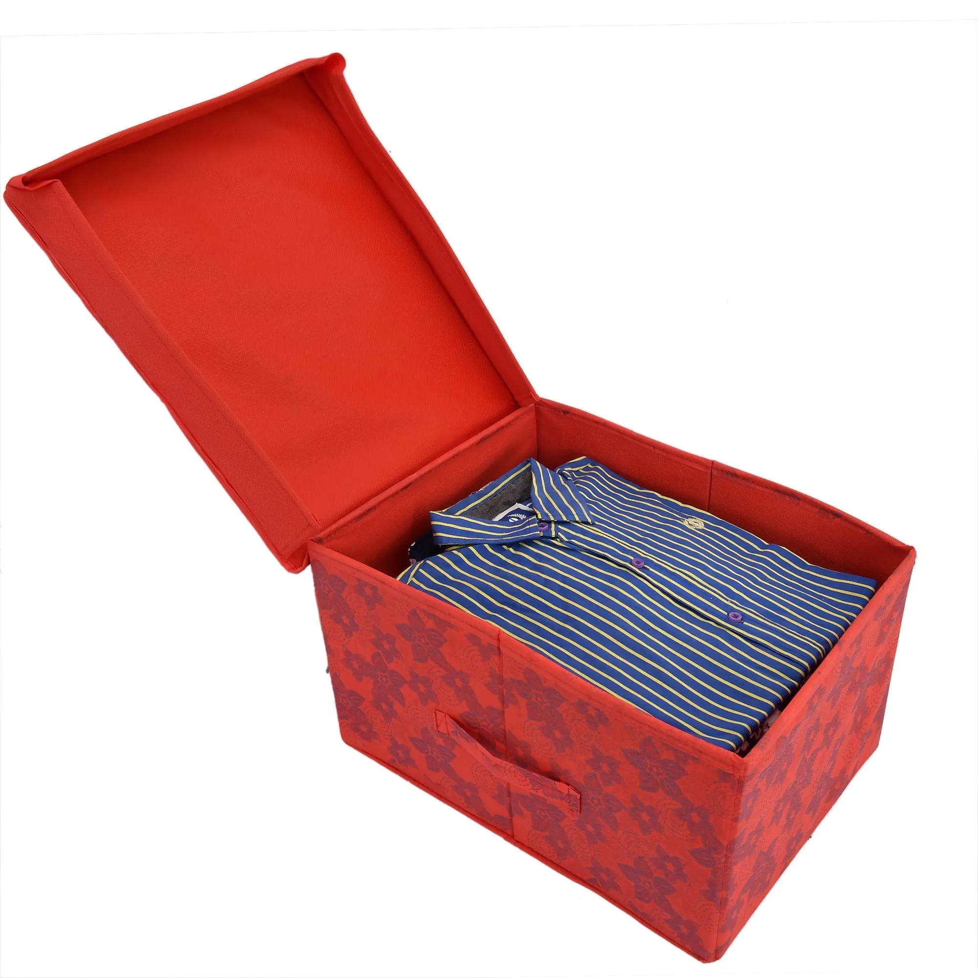 Heart Home Metallic Print Non Woven Fabric Foldable Shirt Cover Foldable Large Size Cloth Storage Box Toy, Books Wardrobe Organiser Box with Lid, Extra Large (Red) HEART5050