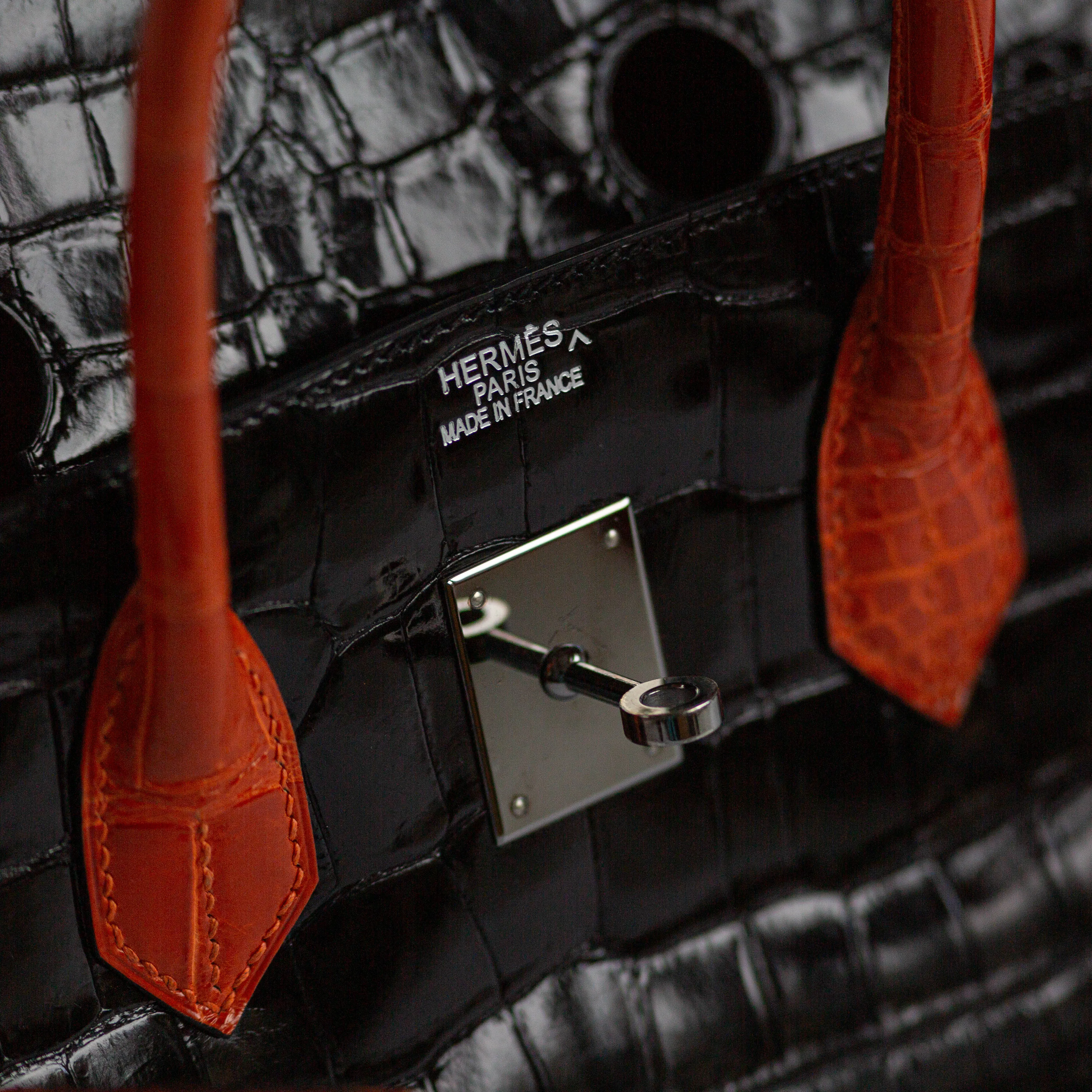 HERMÈS - BIRKIN 35 LIMITED EDITION HANDBAG IN BLACK AND ORANGE SHINY POROSUS CROCODILE WITH RUTHENIUM HARDWARE