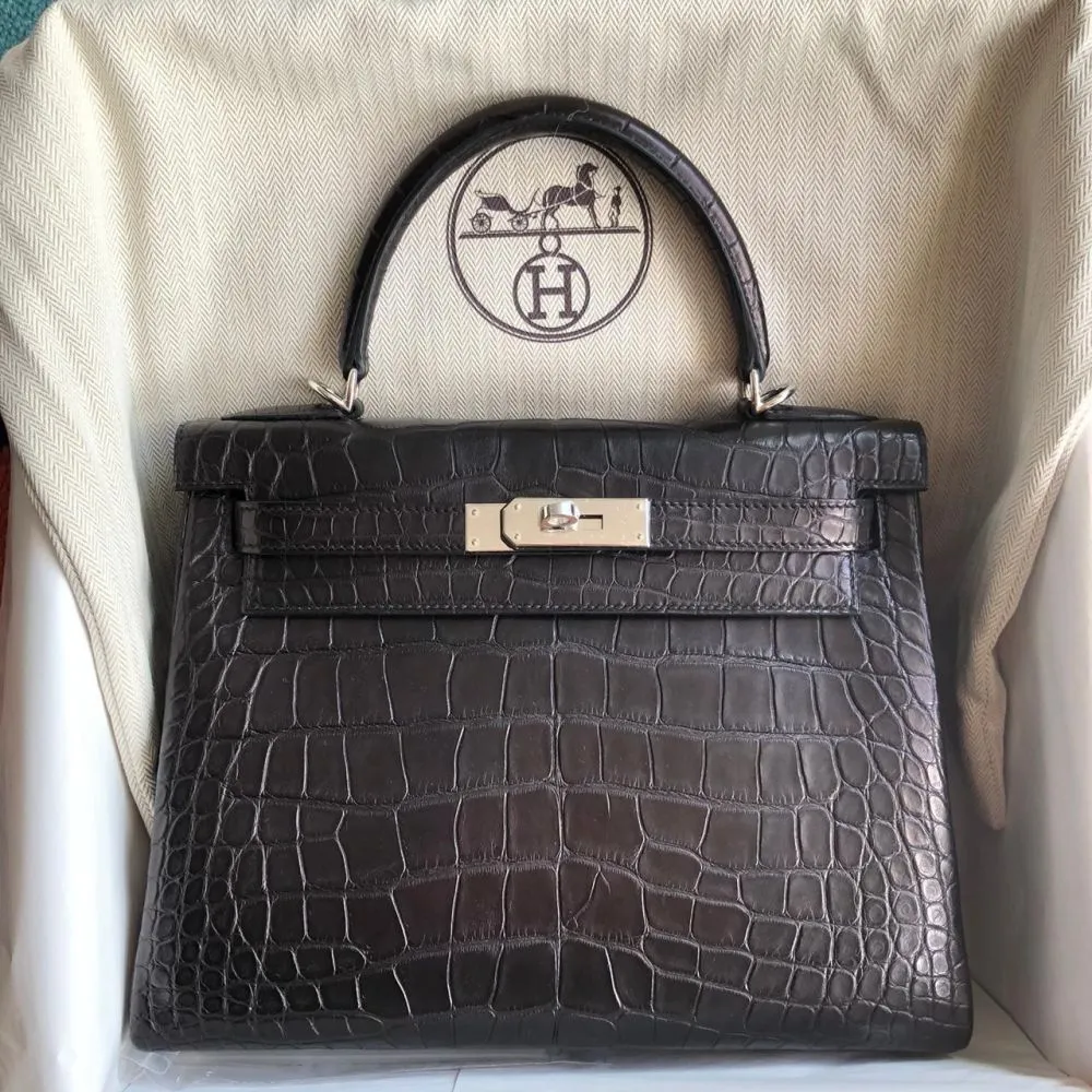 Hermès Kelly 28 Noir (Black) Alligator Mississippi Matte Palladium Hardware PHW