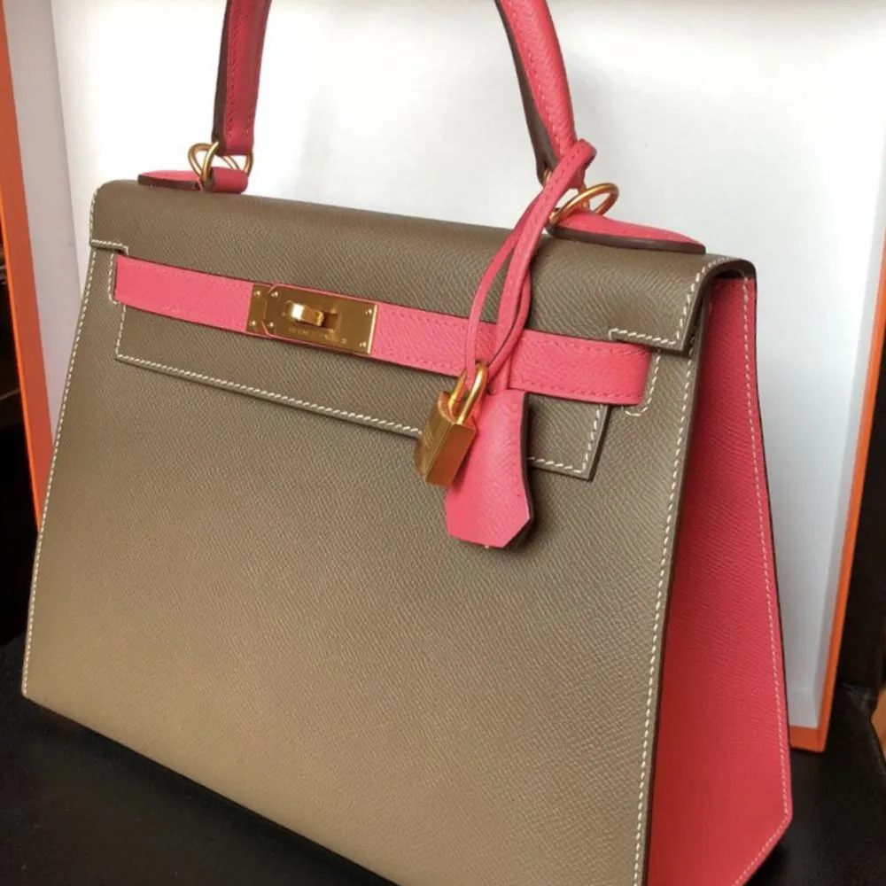 Hermès Kelly HSS 28 Etoupe/Rose Azalee Sellier Epsom Gold Hardware GHW