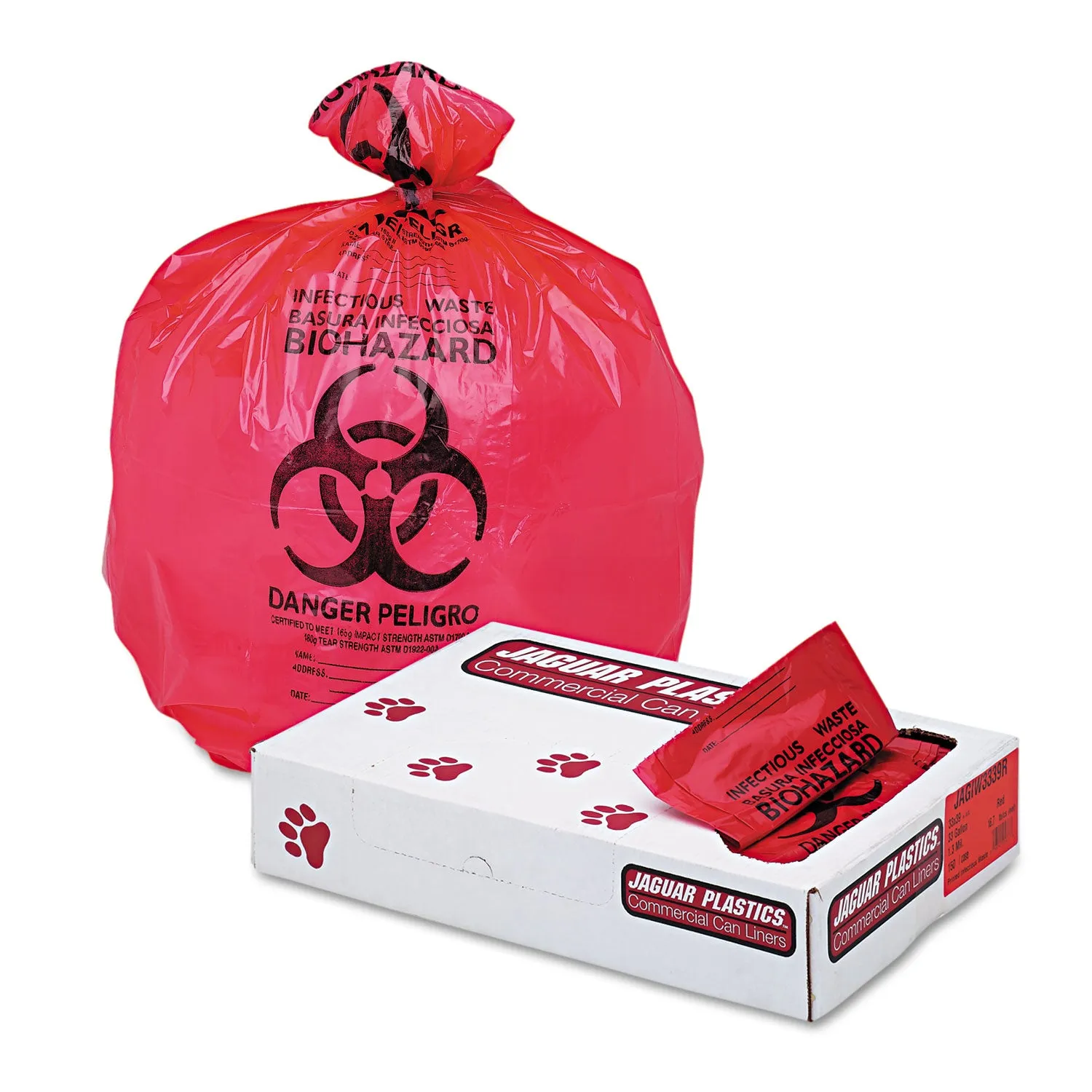 Jaguar Health Care Trash Can Liners, 33 Gal, 1.3 Mil, 33" X 39", Red, 150/Carton - JAGIW3339R