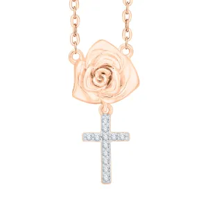 KATARINA Diamond Rose Cross Pendant Necklace (1/20 cttw)