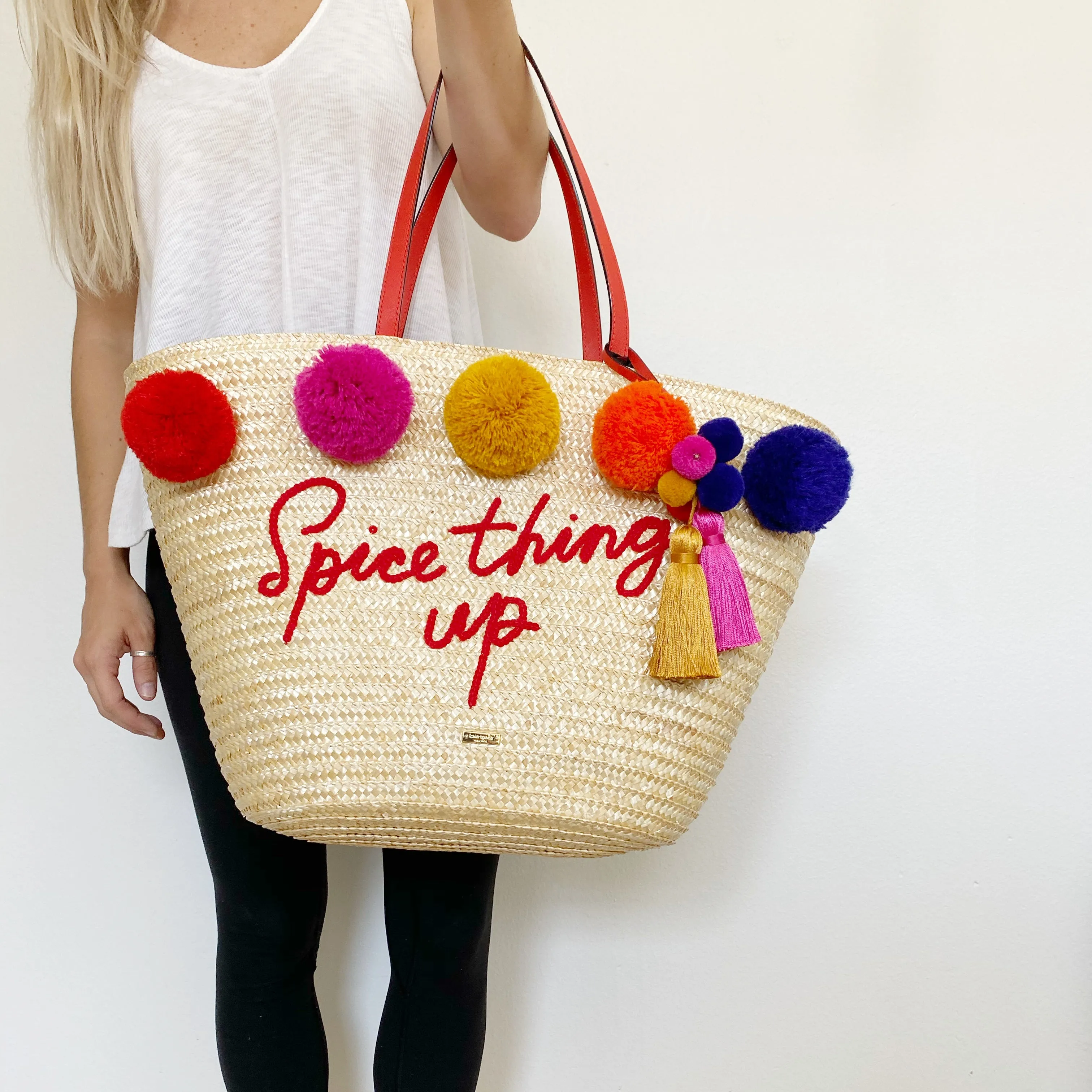 Kate Spade Spice Things Up Straw Pom Pom Tote Bag NWT