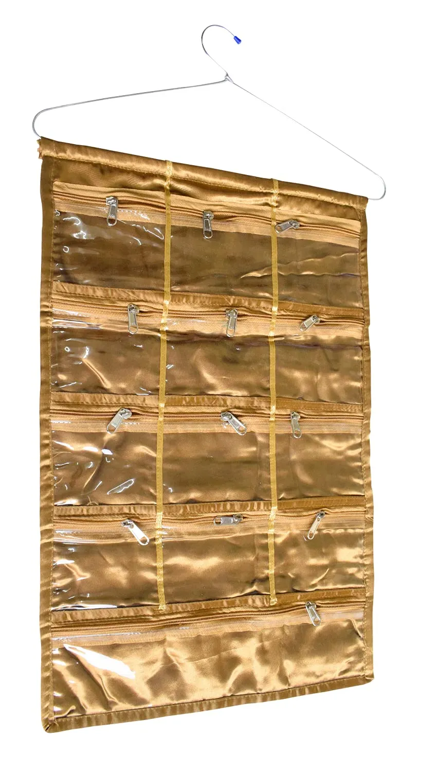 Kuber Industries 12 Small & 1 Large Zipper Pockets Hanging Jewellery Organizer Hanging Wall Pocket Storage Bag With Hanger (Gold)