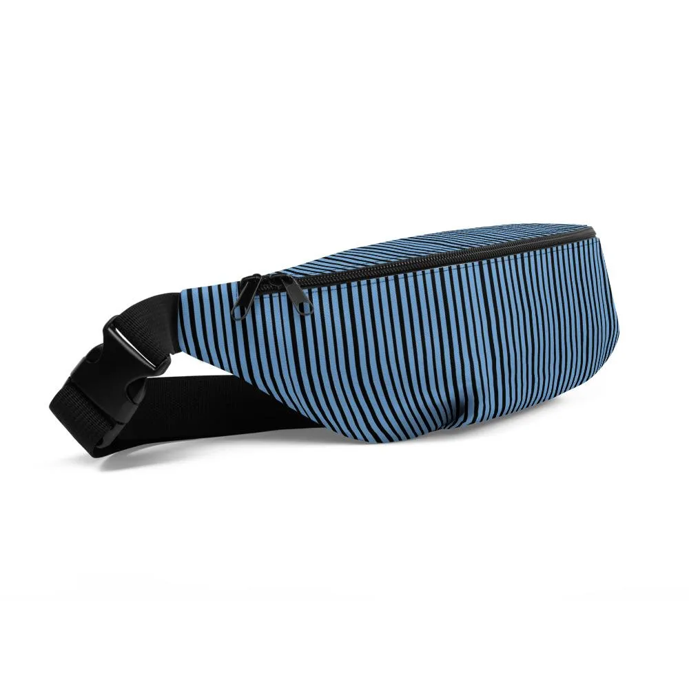 Light Blue Fanny Pack, Black Stripe Print Designer Waist Belt Bag Fanny Pack Waist Bag- Made in USA