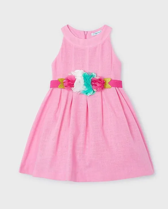 MAYORAL<BR>
Girls Pink Cotton Flower Belt Dress<BR>
15/Pink<BR>