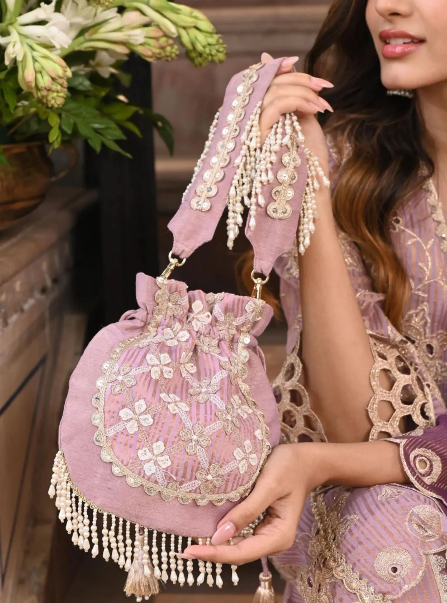 Mulmul Resham Lilac Potli Bag