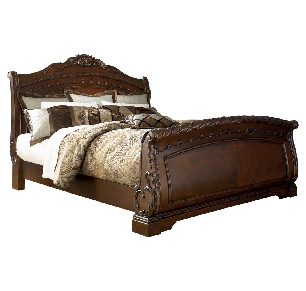 North Shore California King Sleigh Bed with Mirrored Dresser, Chest and Nightstand