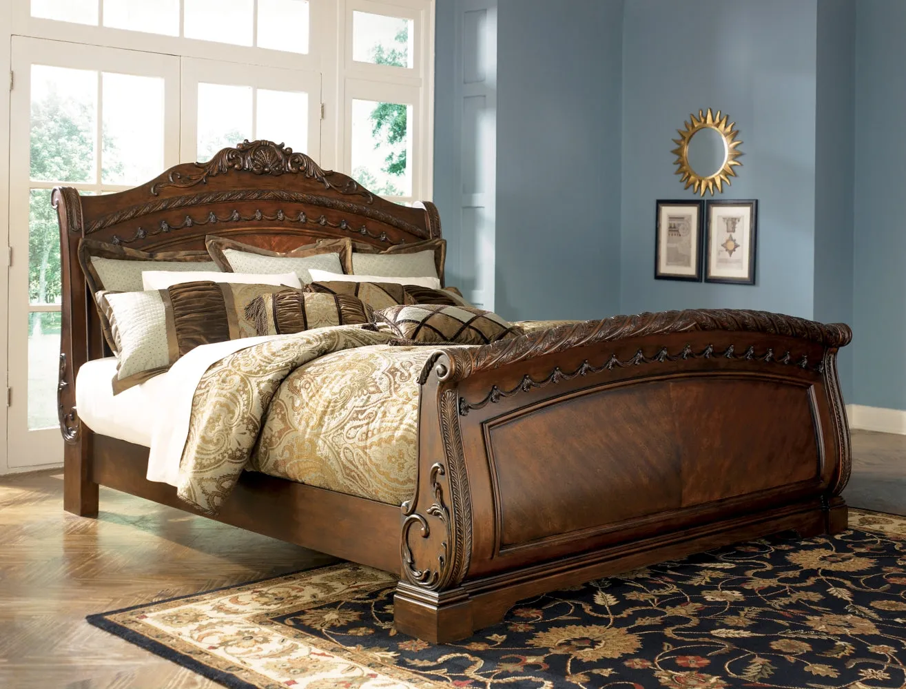 North Shore California King Sleigh Bed with Mirrored Dresser, Chest and Nightstand