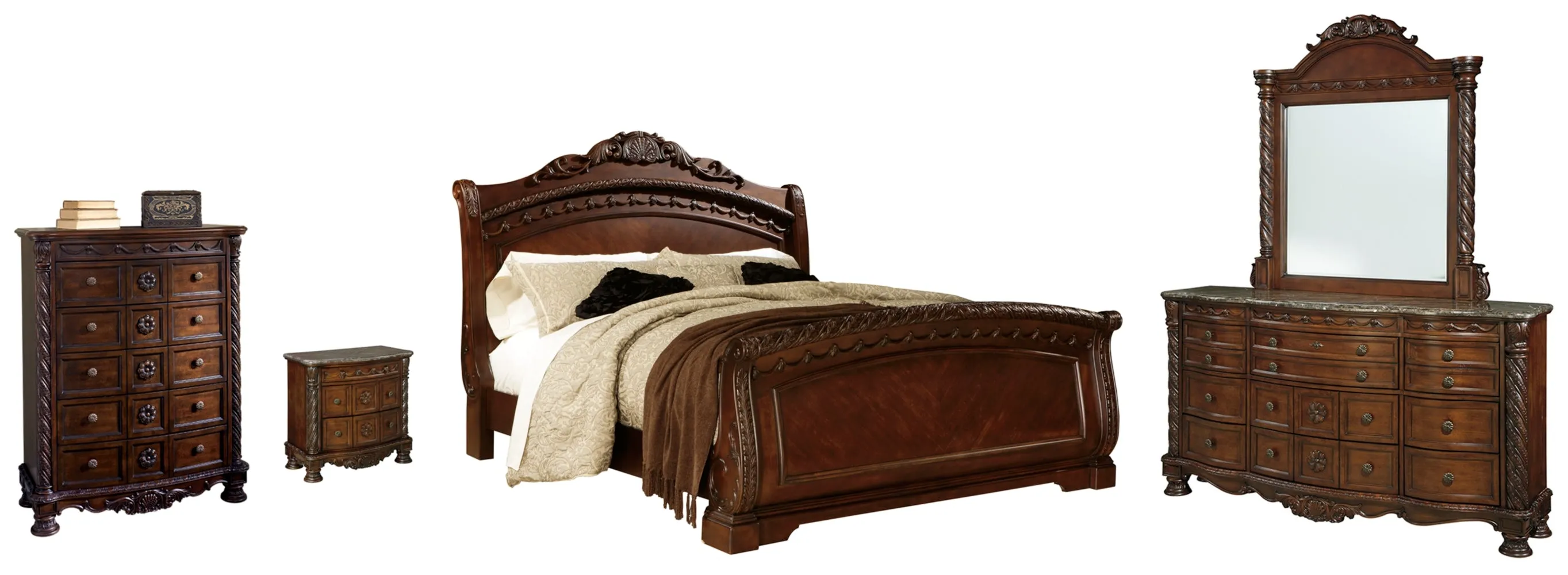 North Shore California King Sleigh Bed with Mirrored Dresser, Chest and Nightstand