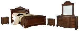 North Shore King Sleigh Bed with Mirrored Dresser and 2 Nightstands