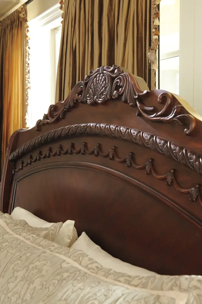 North Shore Queen Sleigh Bed with Mirrored Dresser, Chest and Nightstand