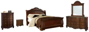 North Shore Queen Sleigh Bed with Mirrored Dresser, Chest and Nightstand