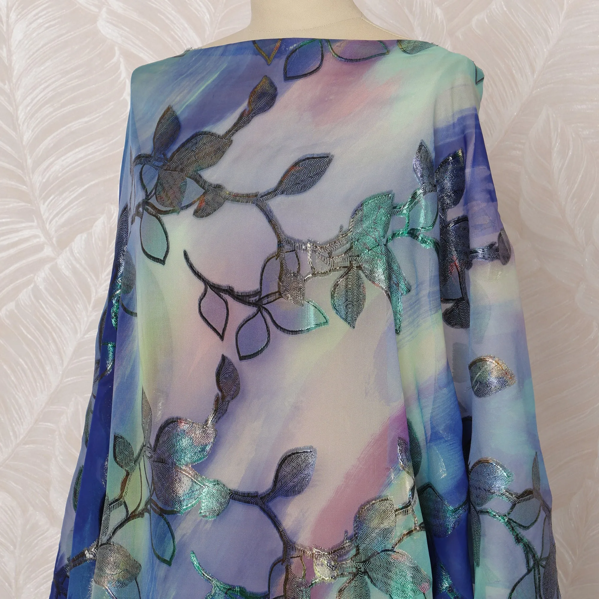 Pastel Blue and Purple Somali Silk Chiffon Dirac Fabric with Metallic Lurex, 3.5 Meters, 140 cm Width-D20848