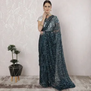 Petrol blue, black Premium pure French chantilly lace saree having stone work in floral design-D16334