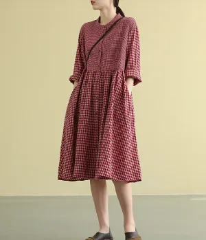 Plaid Summer  Spring Cotton Linen Women loose Dresses DZA05192