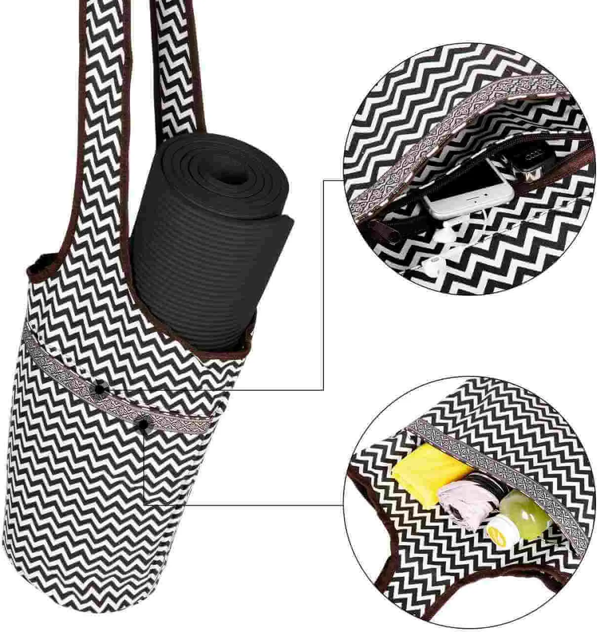 Portable Printed Canvas Yoga Mat Bag with Zipper Pocket