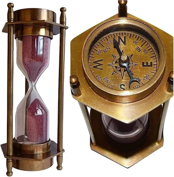 Qadim Export 6''Inches Antique Style Brass Sand Timer, Small Brass Sand Clock Vintage Brass Sand Watch Sand Timer Hourglass