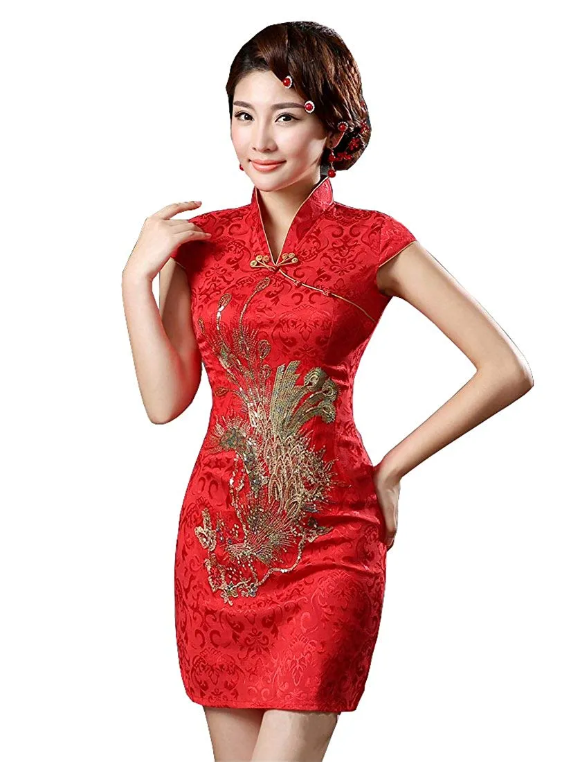 Red and Gold Phoenix Brocade Cheongsam Dress