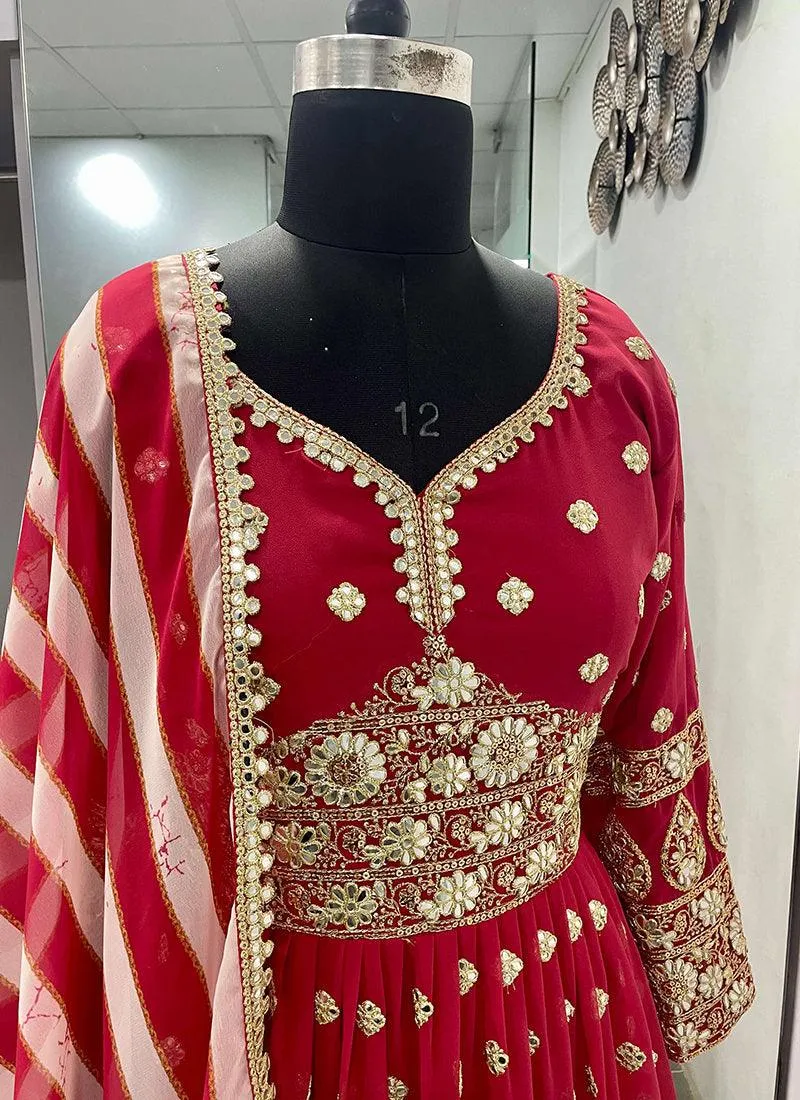 Red Color Georgette Base Sequins And Mirror Work Gown With Printed Dupatta