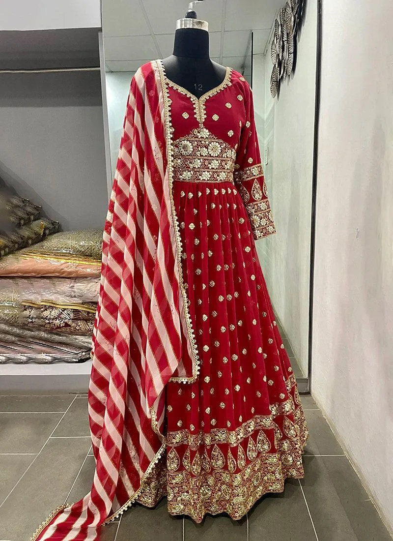 Red Color Georgette Base Sequins And Mirror Work Gown With Printed Dupatta