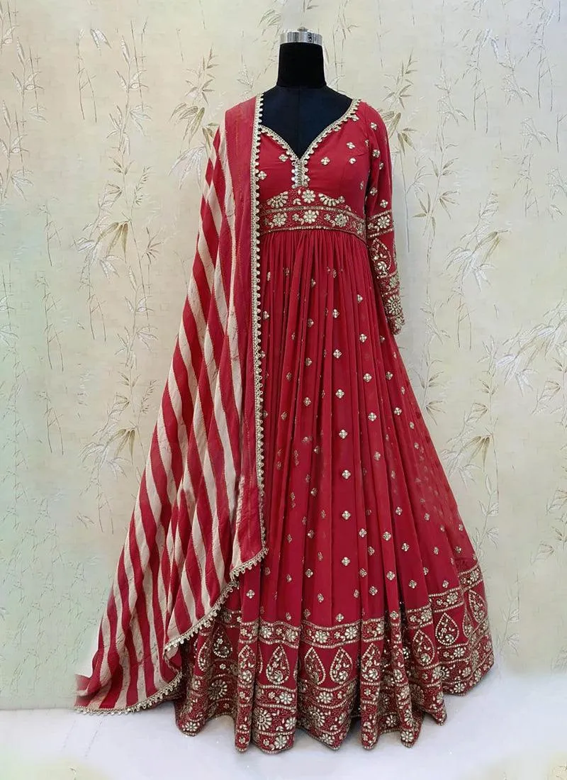 Red Color Georgette Base Sequins And Mirror Work Gown With Printed Dupatta