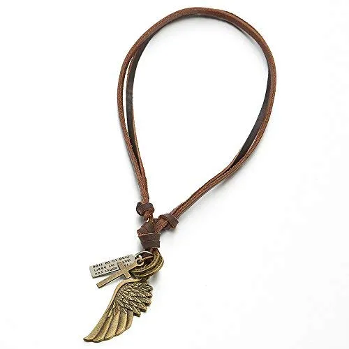 Retro Style Angel Wing Pendant Unisex Necklace for Men for Women with Adjustable Leather Cord