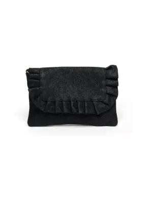 Riwana Ruffle Clutch, Black Suede