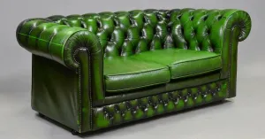 Sofa, British Green Leather Chesterfield 2 Seater, from England, Gorgeous!