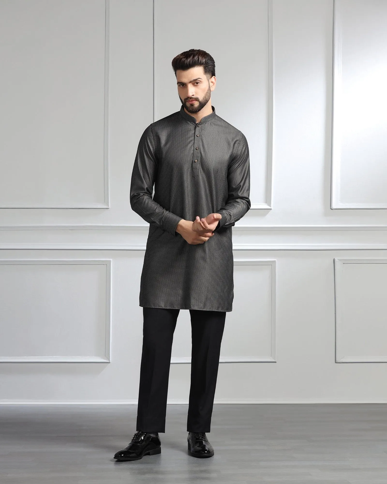 Swarn Two Piece Black Solid Achkan Set - Sandrona