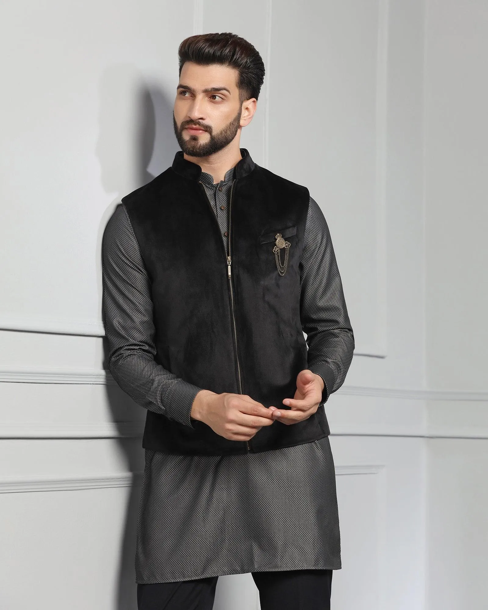 Swarn Two Piece Black Solid Achkan Set - Sandrona