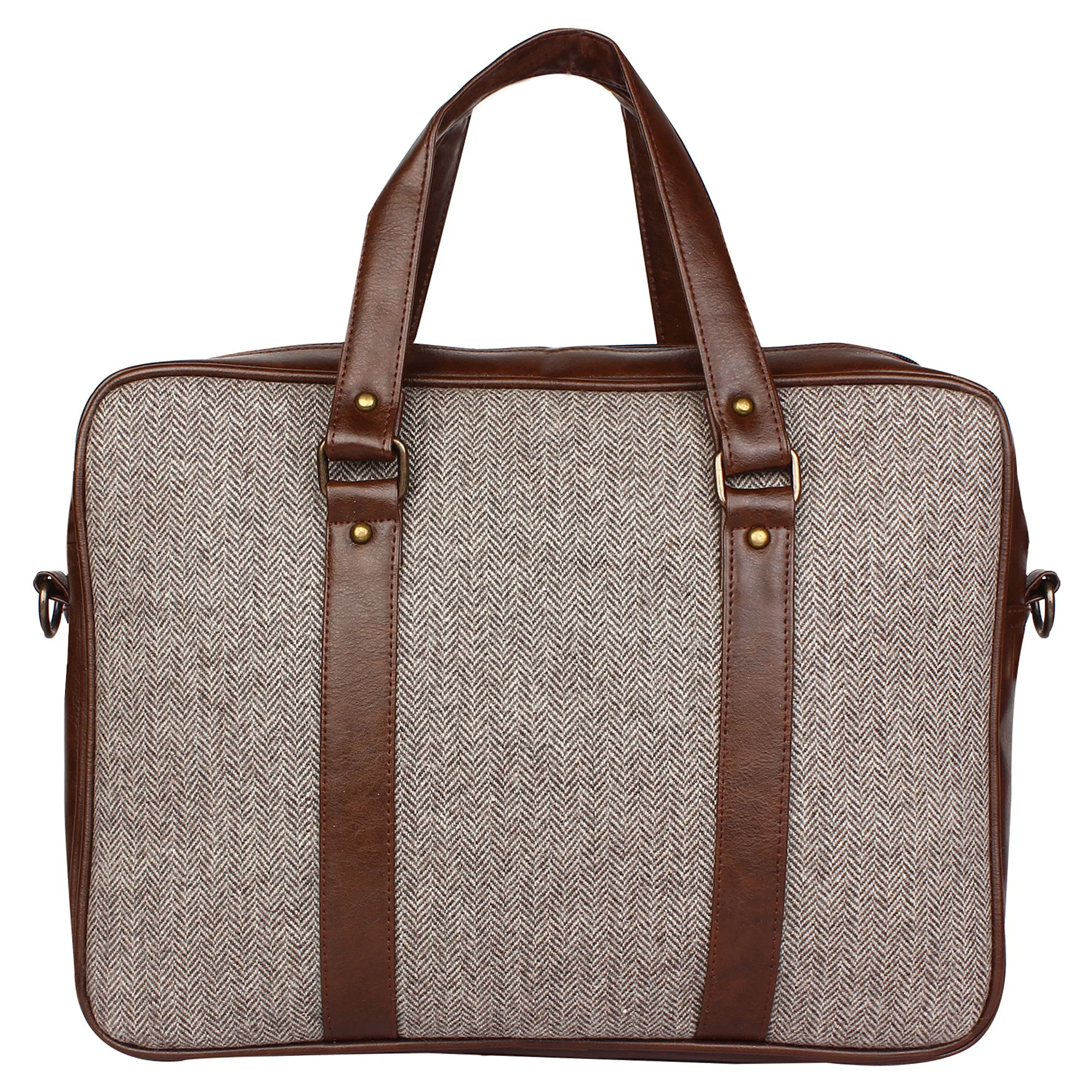 Tawny Herringbone - Tweed and Vegan Leather Laptop Bag