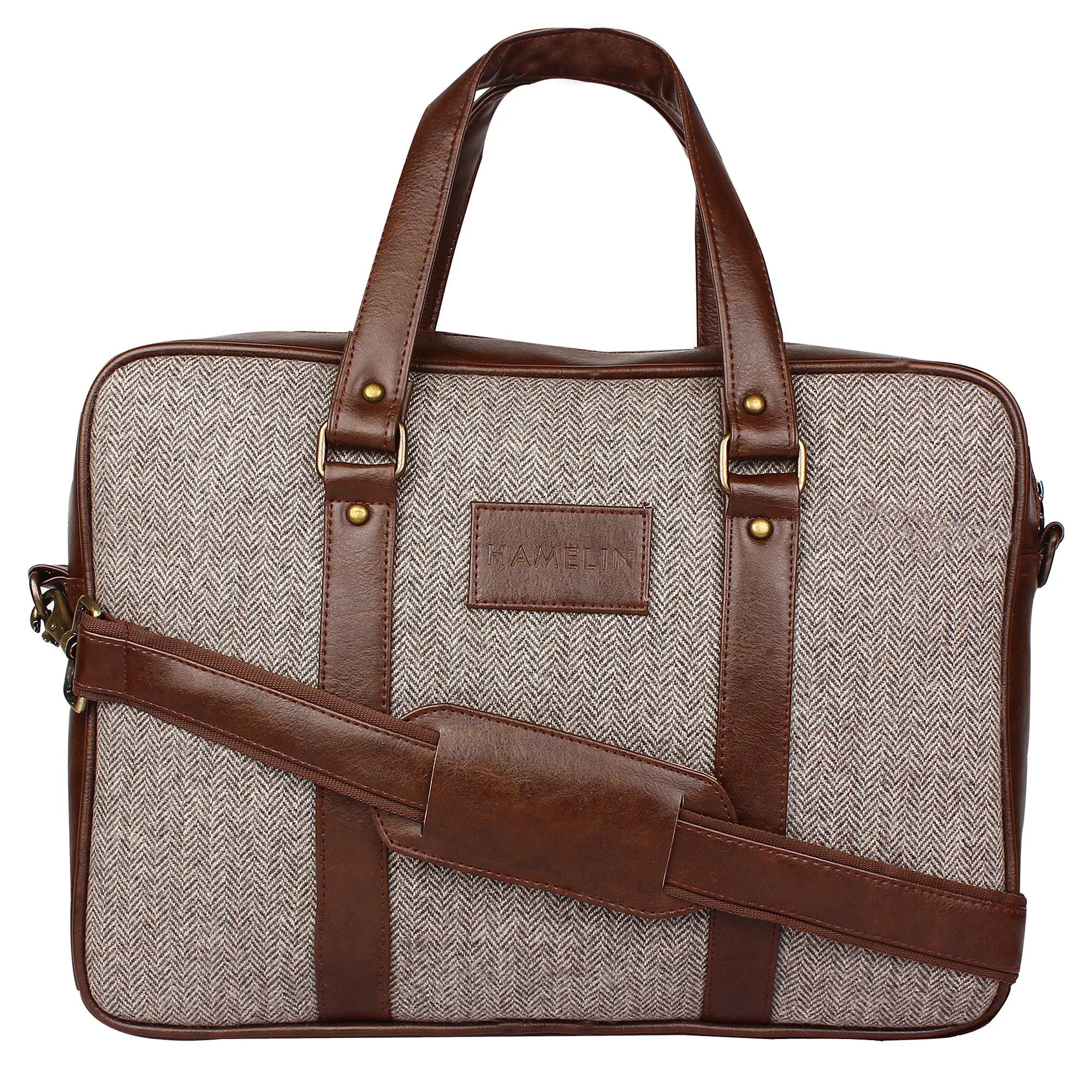 Tawny Herringbone - Tweed and Vegan Leather Laptop Bag