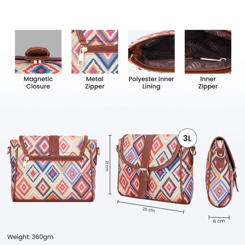 THE CLOWNFISH Madeline Printed Handicraft Fabric Handbag for Women Sling Bag Office Bag Ladies Shoulder Bag with Snap Flap Closure Tote For Women College Girls (Multicolour-Diamond Design)