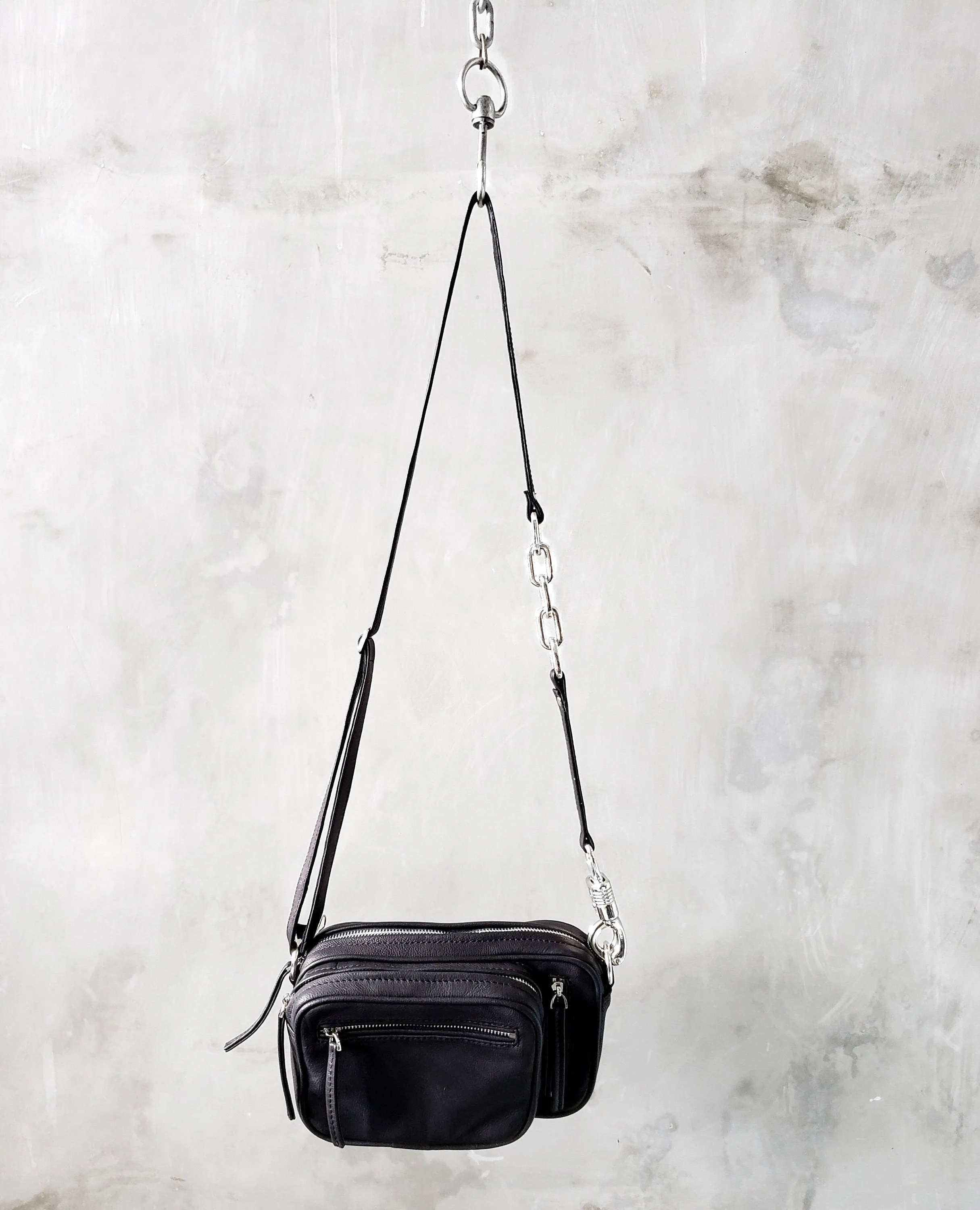 The Panic Bag - Convertible Black Leather Shoulder Bag w/ Heavy Duty Hardware and Chain