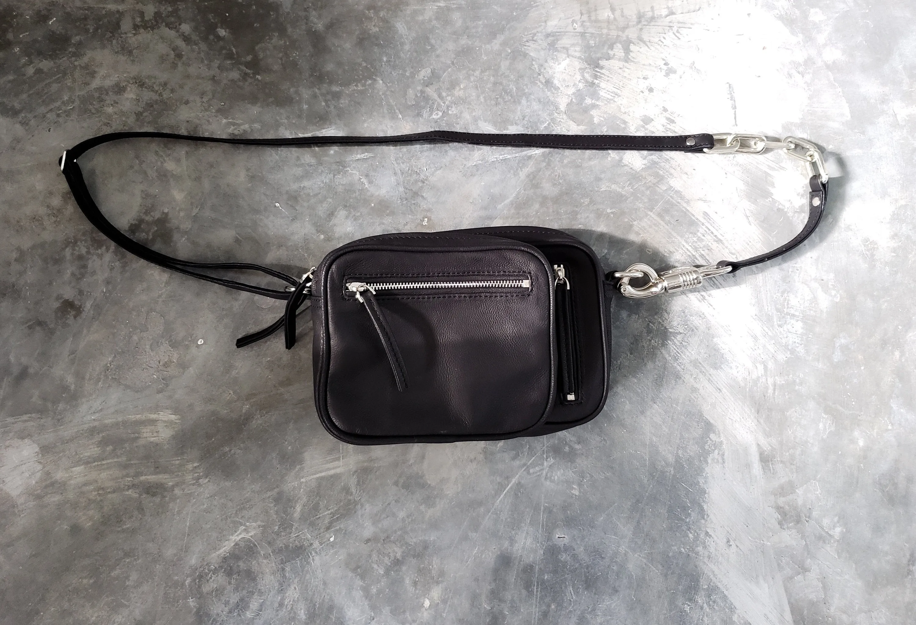 The Panic Bag - Convertible Black Leather Shoulder Bag w/ Heavy Duty Hardware and Chain