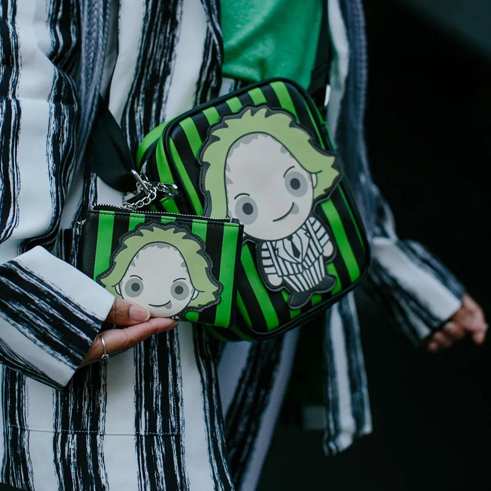 Warner Bros. Horror Movies Bag and Wallet Combo, Chibi Beetlejuice Pose with Stripe Green Black, Vegan Leather