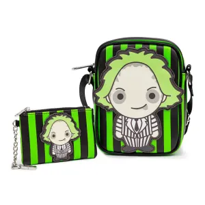 Warner Bros. Horror Movies Bag and Wallet Combo, Chibi Beetlejuice Pose with Stripe Green Black, Vegan Leather