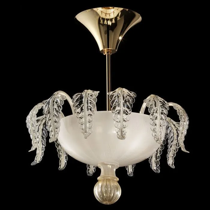 White & Gold Murano Glass Ceiling Light With Decorative Leaves