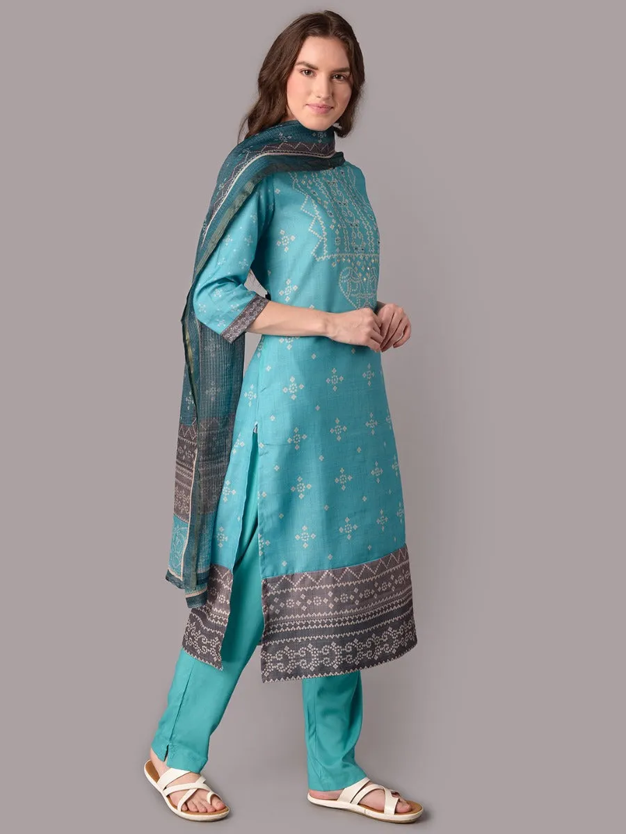 Women Ornamental Print Kurta Trouser Dupatta